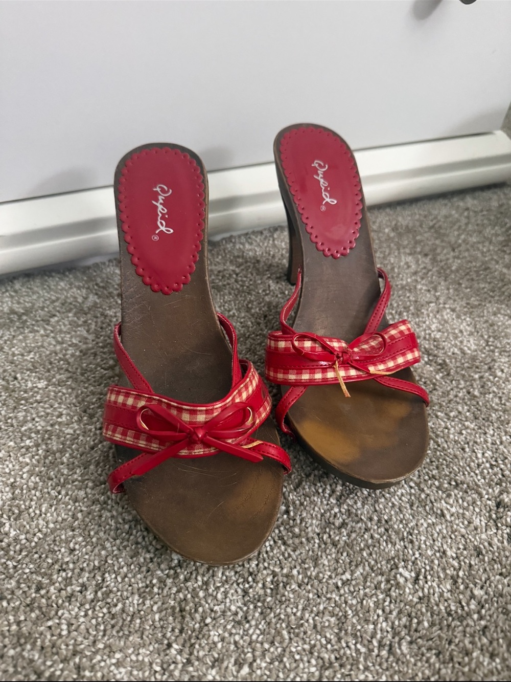 Qupid Red Plaid Bow High Heel Sandals